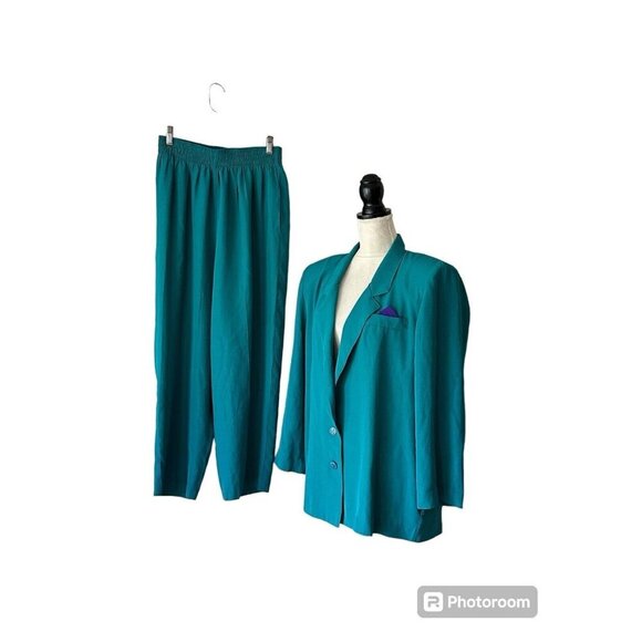 Vintage 90s Two Piece Lifestyle Green Pant And Jacket Set Open Front Shoulderpad - Picture 1 of 16